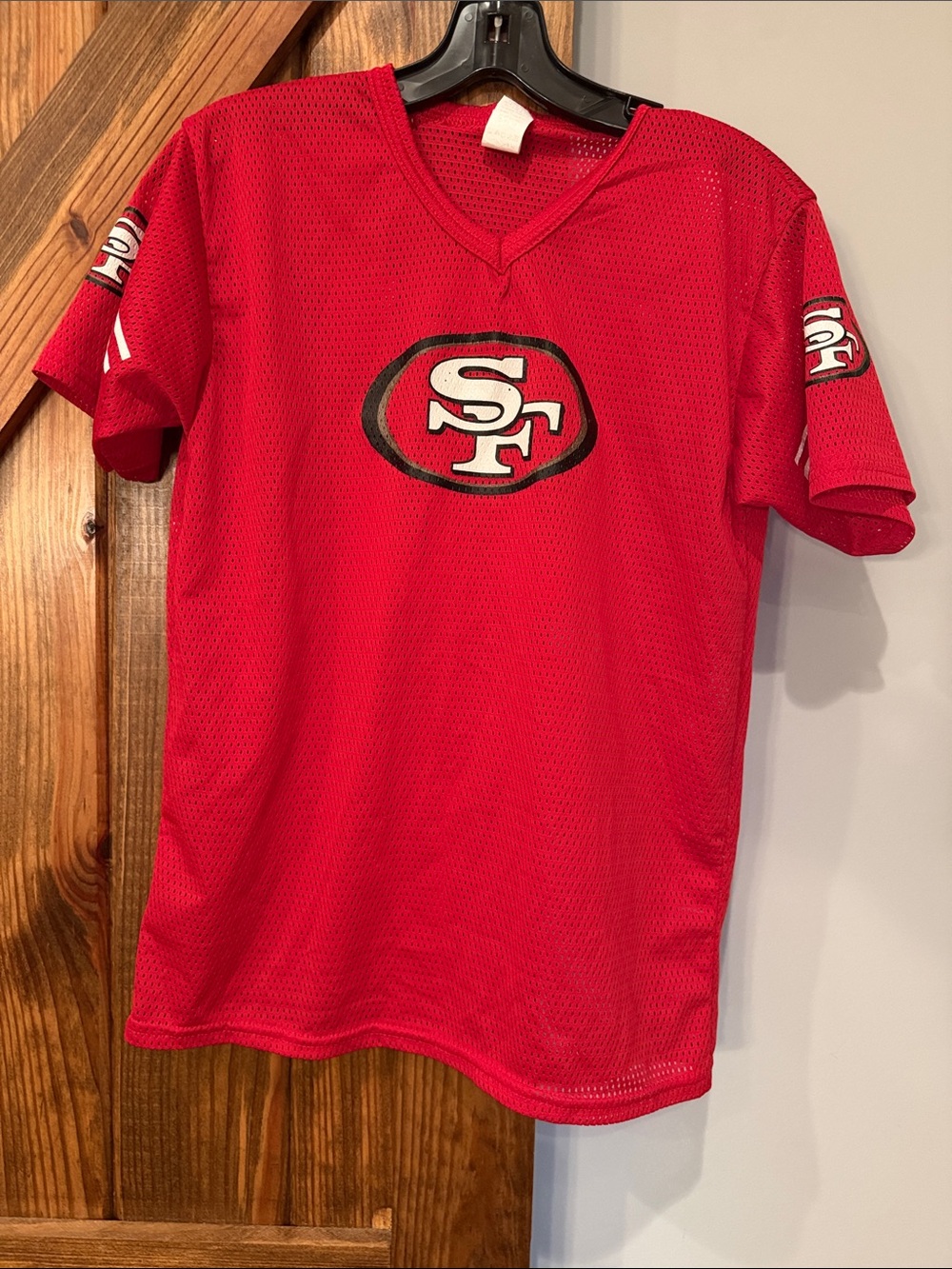 Vintage San Francisco 49ers Red Mesh Football Tee with SF Logo/Rice(80)-Size YL